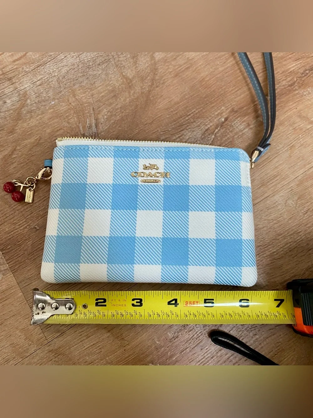 Coach Light Blue and White Gingham Wristlet with Cherry Charm